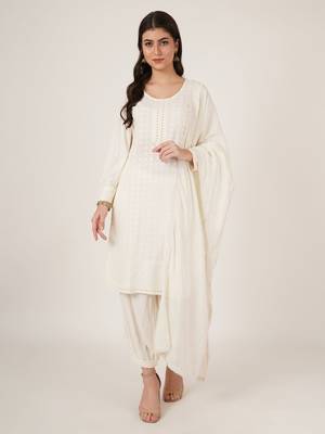 Off white embroidered rayon women's kurta, pyjama & dupatta set 1