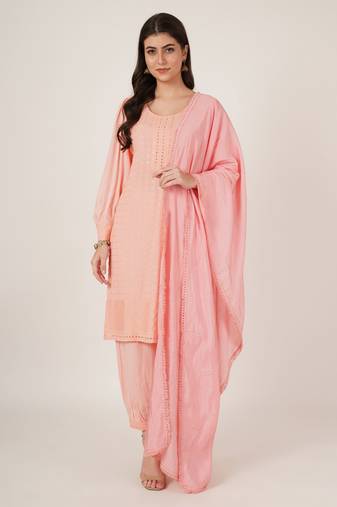 Blushing peach embroidered rayon women's kurta, pyjama & dupatta set