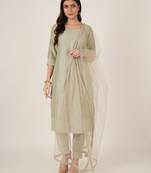 Pastel olive embroidered silk blend women's kurta, pyjama & dupatta set