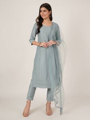 Steel blue embroidered silk blend  Kurta pant  with dupatta set 1