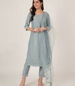 Steel blue embroidered silk blend women's kurta, pyjama & dupatta set