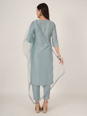 Steel blue embroidered silk blend  Kurta pant  with dupatta set 2