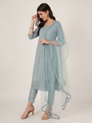 Steel blue embroidered silk blend  Kurta pant  with dupatta set 3