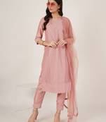 Peach embroidered silk blend  Kurta pant  with dupatta set