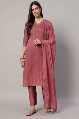 Dusty rose embroidered silk blend women's kurta, pyjama & dupatta set