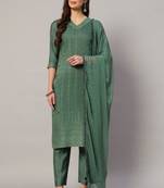 Sage green embroidered silk blend women's kurta, pyjama & dupatta set
