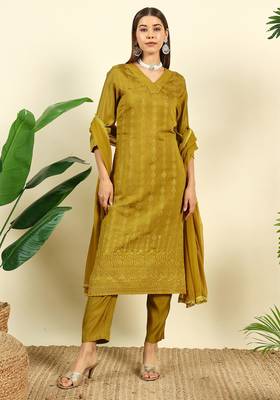 Mustard embroidered silk blend  Kurta pant  with dupatta set 1
