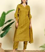 Mustard embroidered silk blend women's kurta, pyjama & dupatta set