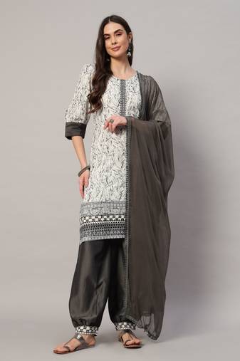 Charcoal embroidered viscose women's kurta, dhoti pant & dupatta set