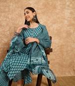 T Blue Printed Pure Cotton Straight Kurti Pant and Dupatta Set