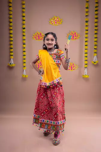 Red kutch work embroidered lehenga choli set with dupatta