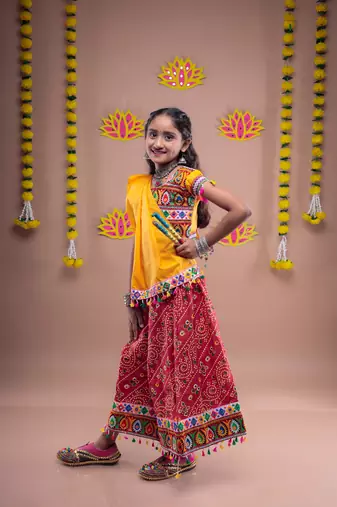 Red kutch work embroidered lehenga choli set with dupatta
