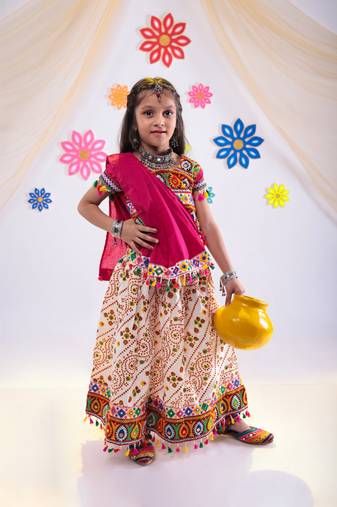 White Kutch work embroidered lehenga choli set with dupatta 