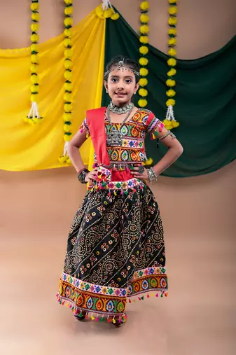 Banjara india girls kutch work embroidered lehenga choli set with dupatta (rcc-rjs) - black