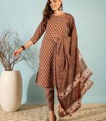 Chocolate Printed Pure Cotton Handwork Kurti Pant and Dupatta Set