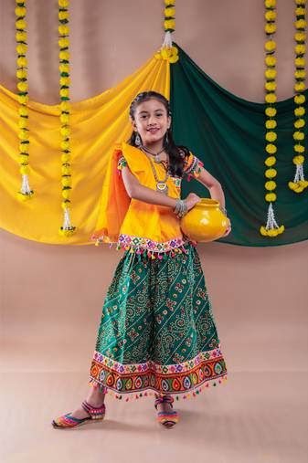 Green kutch work embroidegreen lehenga choli set with dupatta