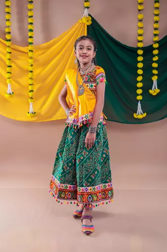 Green kutch work embroidegreen lehenga choli set with dupatta