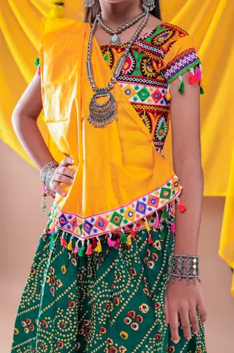 Green kutch work embroidegreen lehenga choli set with dupatta