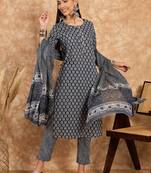 Grey Printed Pure Cotton Straight Kurti Pant and Dupatta Set