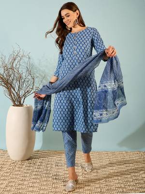 Navy Blue Printed Pure Cotton Straight Kurti Pant and Dupatta Set 1