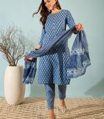 Navy Blue Printed Pure Cotton Straight Kurti Pant and Dupatta Set