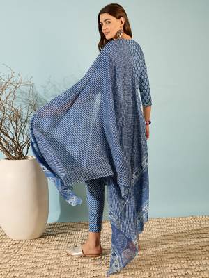 Navy Blue Printed Pure Cotton Straight Kurti Pant and Dupatta Set 2