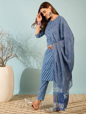 Navy Blue Printed Pure Cotton Straight Kurti Pant and Dupatta Set 3