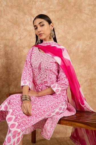 Pink  Embroidery Pure Cotton Straight Kurti Pant and Dupatta Set