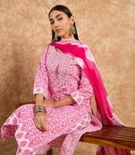 Pink  Embroidery Pure Cotton Straight Kurti Pant and Dupatta Set