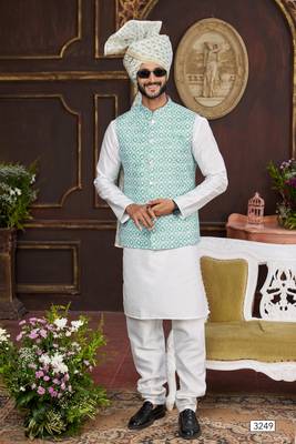 green digital print on art silk  3pcs nehru jacket set 2