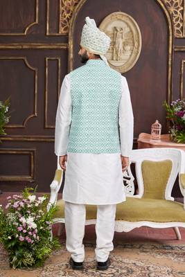 green digital print on art silk  3pcs nehru jacket set 3