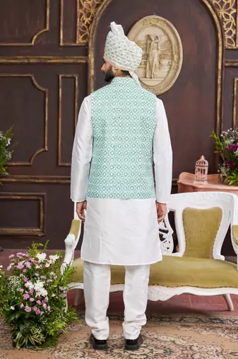 green digital print on art silk  3pcs nehru jacket set