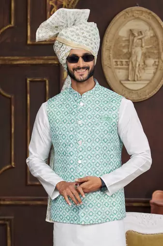 green digital print on art silk  3pcs nehru jacket set