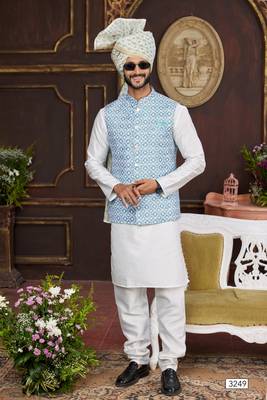blue digital print on art silk  3pcs nehru jacket set 2
