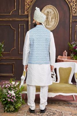 blue digital print on art silk  3pcs nehru jacket set 3