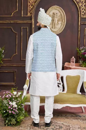 blue digital print on art silk  3pcs nehru jacket set