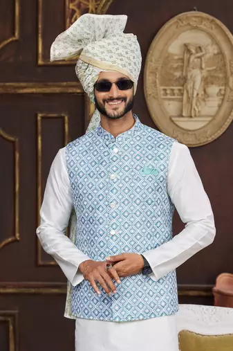 blue digital print on art silk  3pcs nehru jacket set