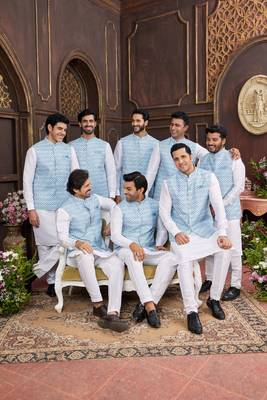 blue digital print on art silk  3pcs nehru jacket set 1