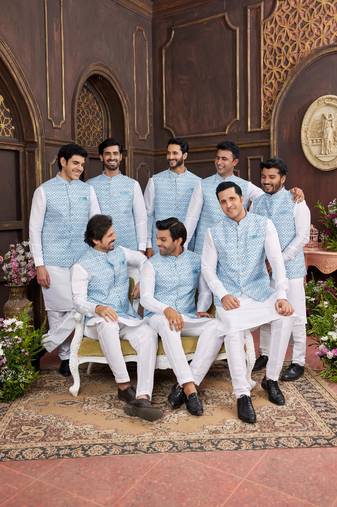 Blue digital print on art silk  3pcs jacket set