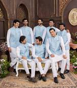 Blue digital print on art silk  3pcs jacket set