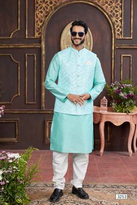 green digital print on art silk  3pcs nehru jacket set 2