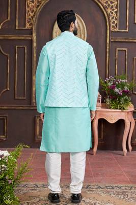 green digital print on art silk  3pcs nehru jacket set 3