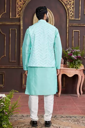 green digital print on art silk  3pcs nehru jacket set