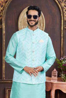 green digital print on art silk  3pcs nehru jacket set 4