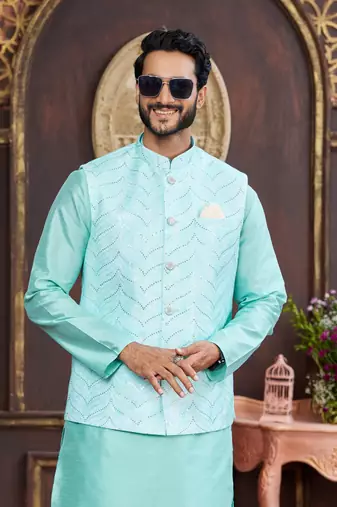 green digital print on art silk  3pcs nehru jacket set