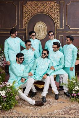 green digital print on art silk  3pcs nehru jacket set 1
