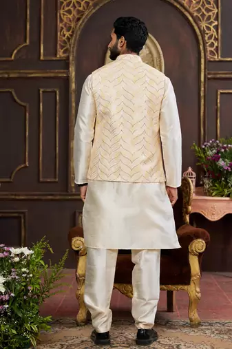 yellow digital print on art silk  3pcs nehru jacket set