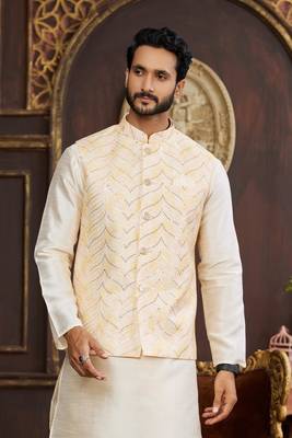 yellow digital print on art silk  3pcs nehru jacket set 4