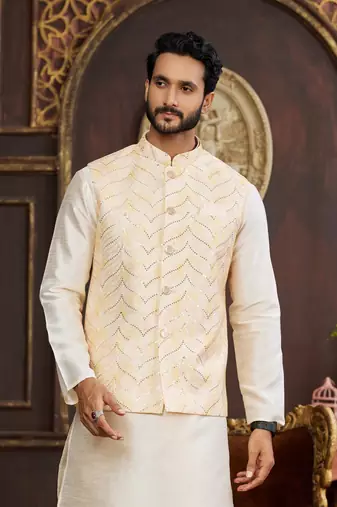 yellow digital print on art silk  3pcs nehru jacket set