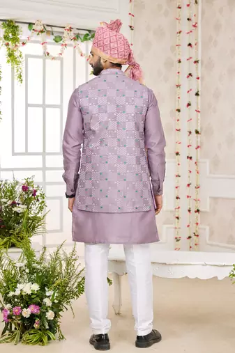 onion computer work on art silk 3 pcs nehru jacket set